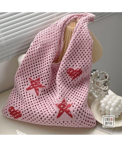 Crochet Tote Bag Fairy Grunge Aesthetic Tote Bag Fairycore Hobo Bag for Women Mesh Beach Bags Y2k Accessories Pink $10.25 Totes