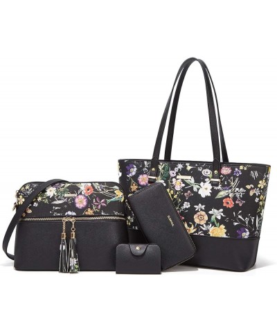 Women Fashion Handbags Wallet Tote Bag Shoulder Bag Top Handle Satchel Purse Set 4pcs Black-flower-c $16.31 Satchels