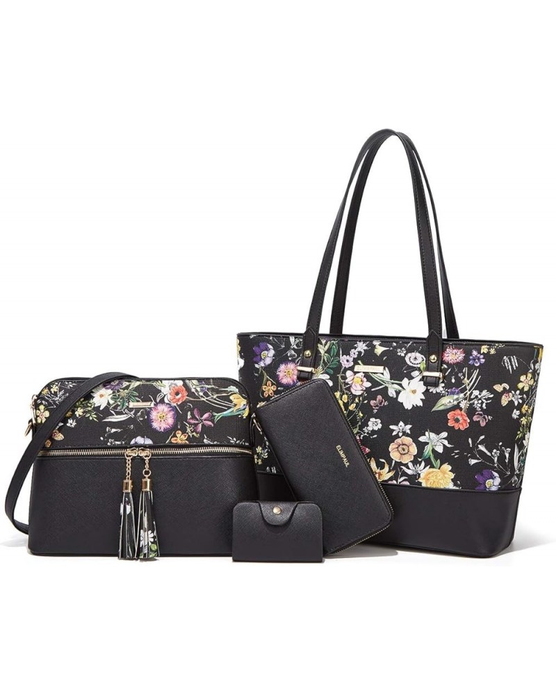 Women Fashion Handbags Wallet Tote Bag Shoulder Bag Top Handle Satchel Purse Set 4pcs Black-flower-c $16.31 Satchels