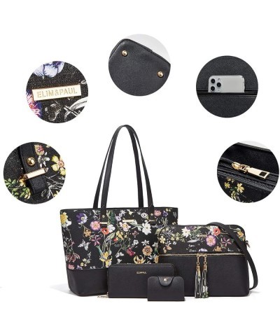 Women Fashion Handbags Wallet Tote Bag Shoulder Bag Top Handle Satchel Purse Set 4pcs Black-flower-c $16.31 Satchels