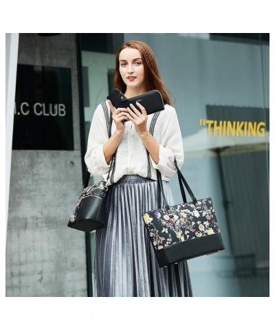 Women Fashion Handbags Wallet Tote Bag Shoulder Bag Top Handle Satchel Purse Set 4pcs Black-flower-c $16.31 Satchels