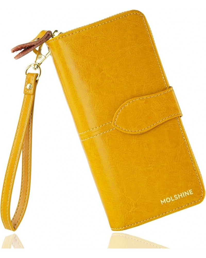 Women Luxury Leather Large Capacity Wallets RFID Blocking Ladies Long Purse Clutch Wristlet with Zipper Pocket (Ancient Yello...