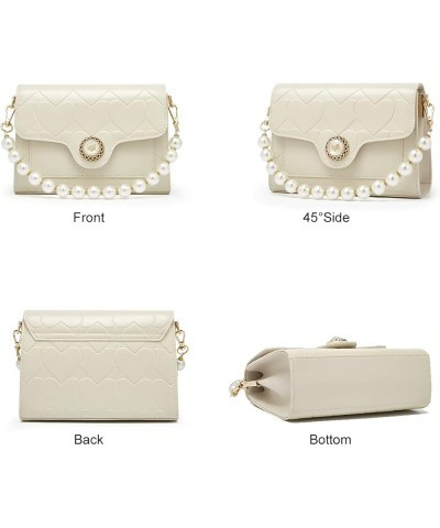 Women's Cowhide Leather Crossbody Handbags with Pearl Handle Adjustable Strap White $27.30 Satchels