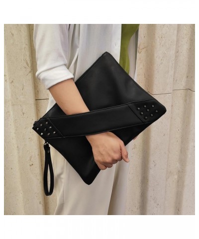 Fashion Women Clutches Rivet PU Leather Crossbody Bag Envelope Clutch Purse with Hand Strap Black $14.30 Clutches