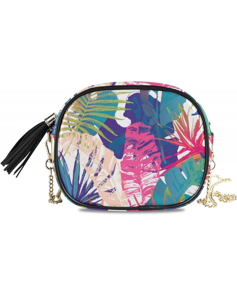 Small Crossbody Bag Tropical Summer Palm Leaves Womens Shoulder Chain Bag PU Leather Small Purse With Tassel $13.19 Shoulder ...